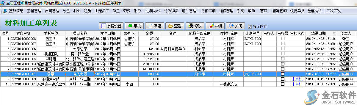 材料加工單列表